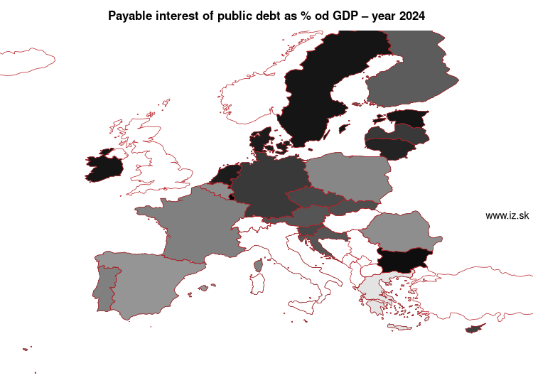 map Payable interest of public debt as % od GDP in nuts 0