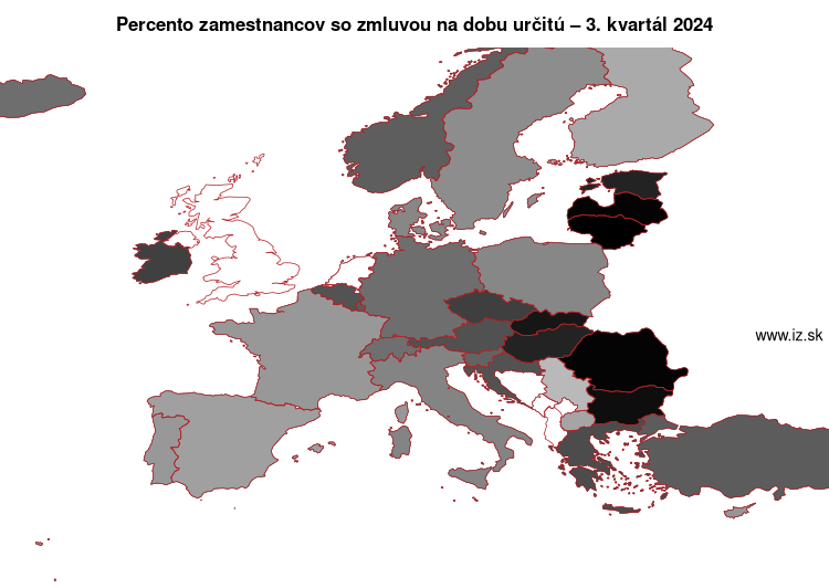 mapa percento zamestnancov so zmluvou na dobu určitú v nuts 0