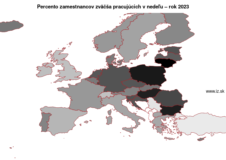 mapa percento zamestnancov zväčša pracujúcich v nedeľu v nuts 0