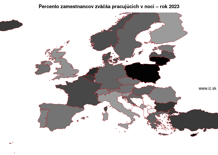 mapa percento zamestnancov zväčša pracujúcich v noci v nuts 0