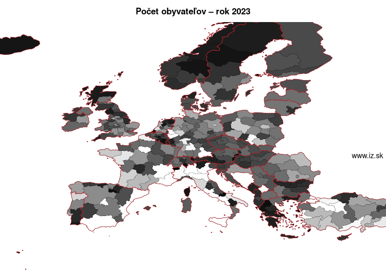 mapa počet obyvateľov v nuts 2