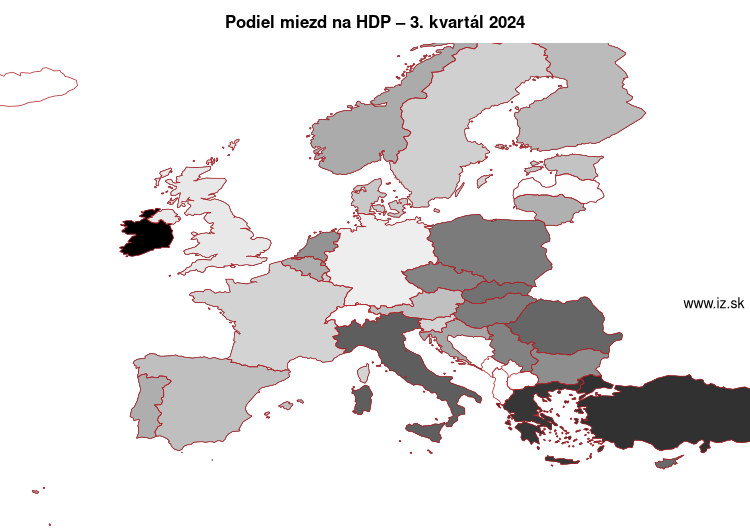 mapa podiel miezd na HDP v nuts 0