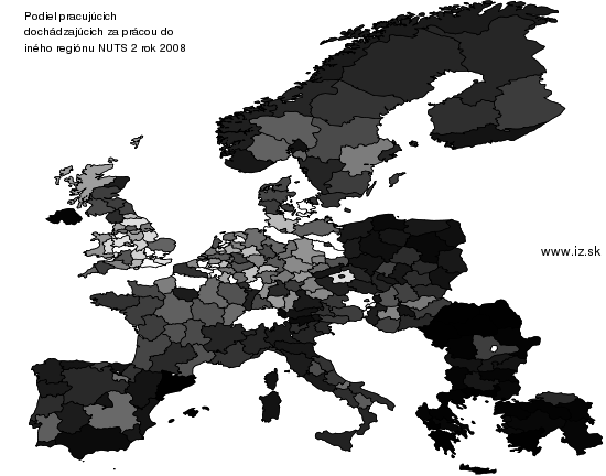 mapa vyvoja Podiel pracujúcich dochádzajúcich za prácou do iného regiónu
 NUTS 2 v nuts 2