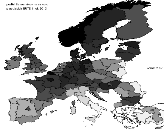 mapa vyvoja podiel živnostníkov na celkovo pracujúcich NUTS 1 v nuts 1