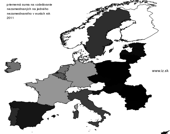 mapa vyvoja priemerná suma na vzdelávanie nezamestnaných na jedného nezamestnaného v eurách v nuts 0