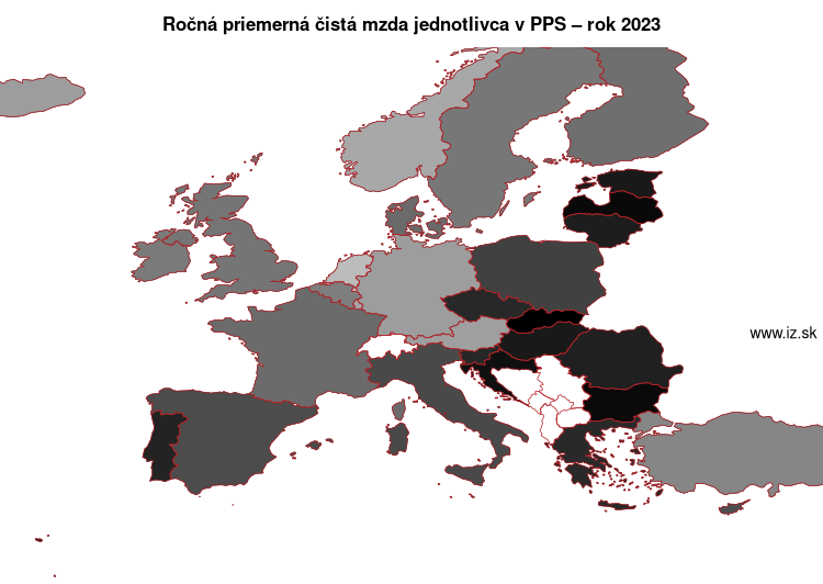 mapa ročná priemerná čistá mzda jednotlivca v PPS v nuts 0