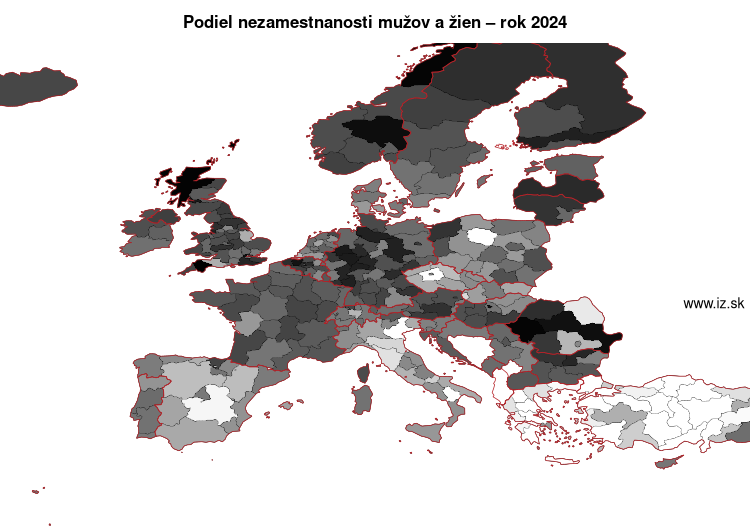 mapa podiel nezamestnanosti mužov a žien v nuts 2