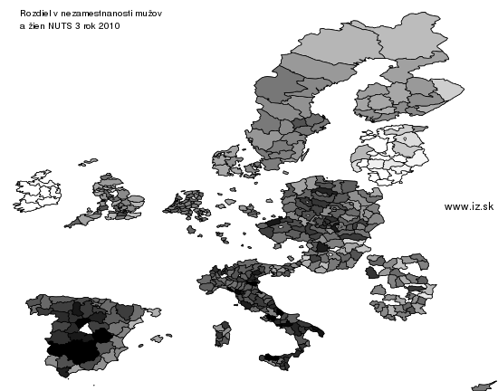 mapa vyvoja Rozdiel v nezamestnanosti mužov a žien NUTS 3 v nuts 3