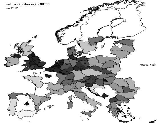 mapa vyvoja rozloha v km štvorcových NUTS 1 v nuts 1