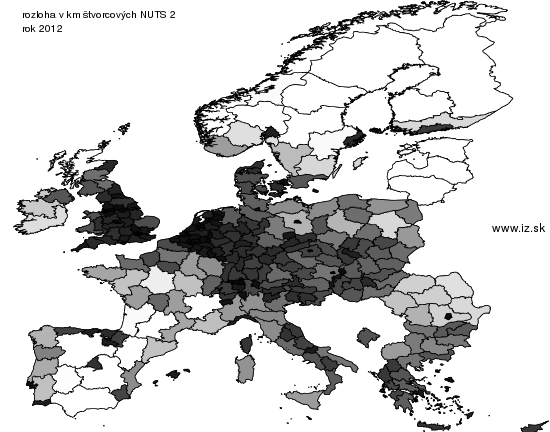 mapa vyvoja rozloha v km štvorcových NUTS 2 v nuts 2