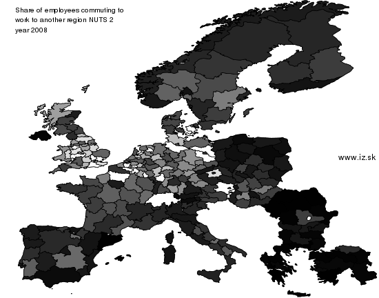 mapa vyvoja Share of employees commuting to work to another region
 NUTS 2 v nuts 2