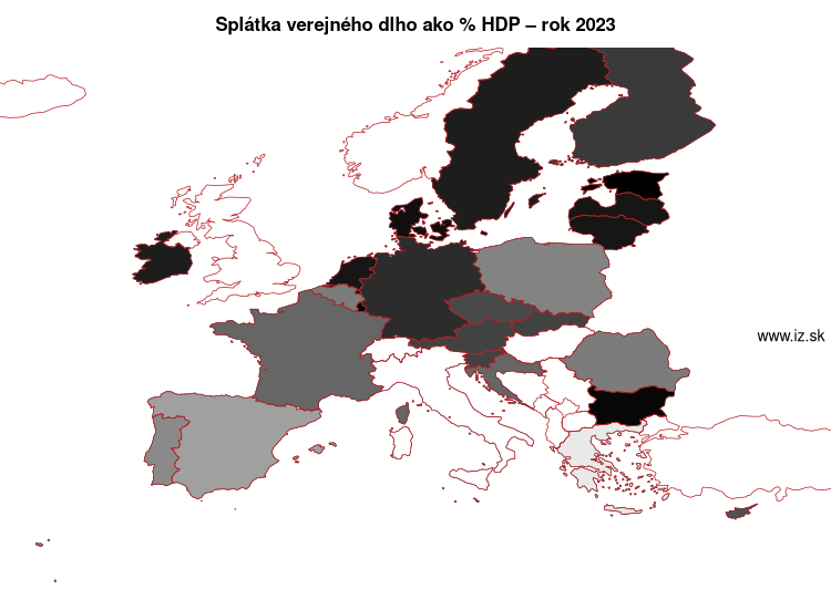 mapa splátka verejného dlho ako % HDP v nuts 0