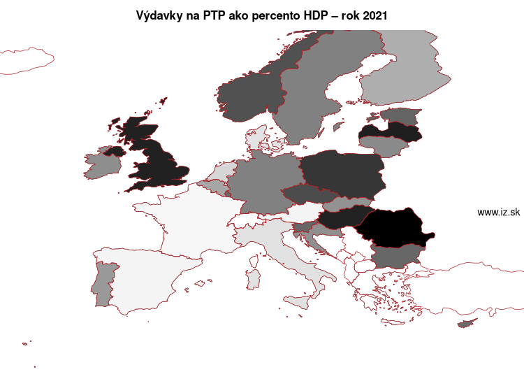 mapa výdavky na PTP ako percento HDP v nuts 0