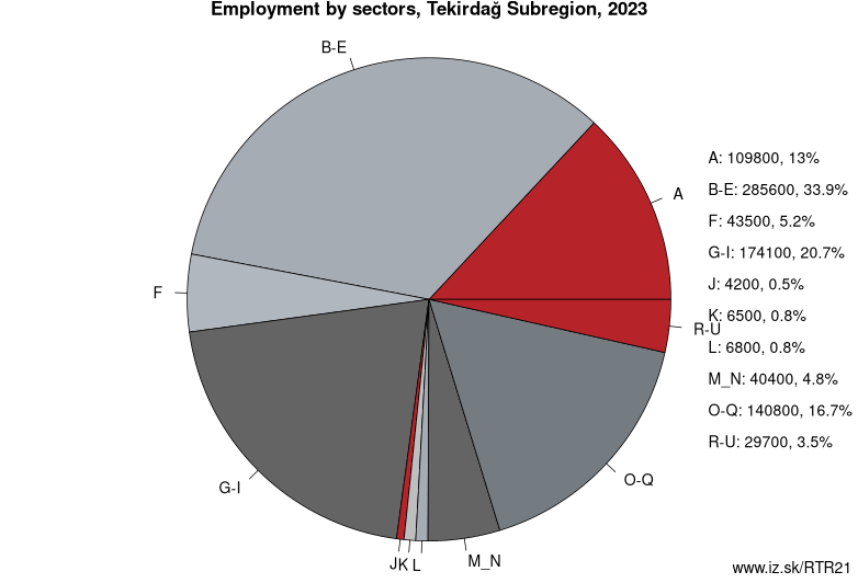 Employment by sectors, Tekirdağ Subregion, 2020