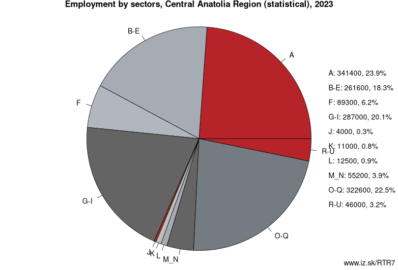 Employment by sectors, Central Anatolia Region (statistical), 2020