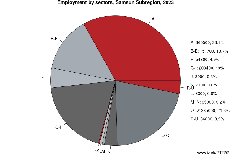 Employment by sectors, Samsun Subregion, 2020
