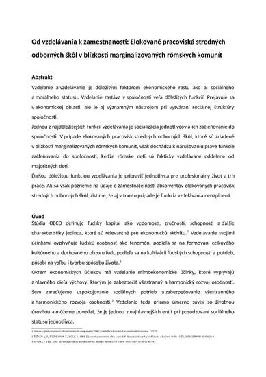 Od vzdelávania k zamestnanosti: Elokované pracoviská stredných odborných škôl v blízkosti marginalizovaných rómskych komunít