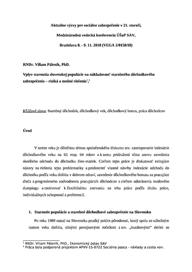 Vplyv starnutia slovenskej populácie na nákladovosť starobného dôchodkového zabezpečenia – riziká a možné riešenia